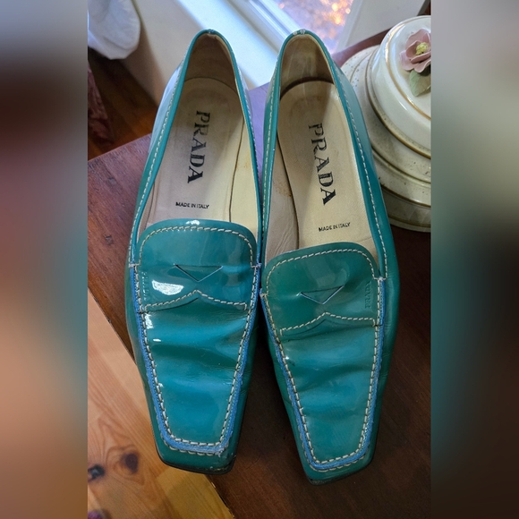 PRADA teal- turquoise patent leather penny loafers odd square toe! sz 38.5 - Picture 1 of 9